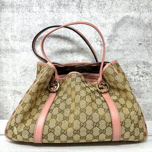 Gucci Beige GG Canvas Tote with Pink Trim and Gold Hardware